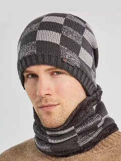 Hombres 2PCS Plaid Plus Velvet Thick Headgear Bufanda Knit Beanie Sombrero