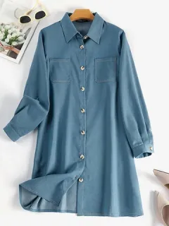 Denim Solapa Liso Camisa Vestido