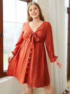 Plus Size Knotted Front Button Dress