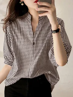 Checkered Print Half Sleeve Blouse