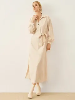 Solid Long Sleeve Belt Shirt Dress