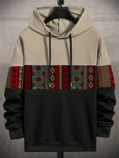 Sudaderas con capucha étnicas con patchwork en contraste geométrico