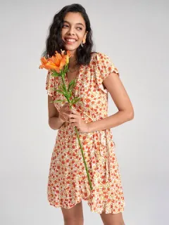 Floral Print Ruffle Tie Wrap Dress