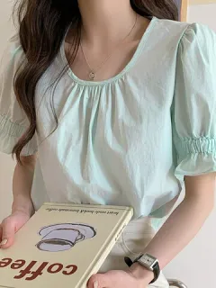 Blusa con fruncido de mangas abullonadas sólidas