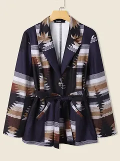 Geo Pattern Pocket Button Long Sleeve Jacket With Belt