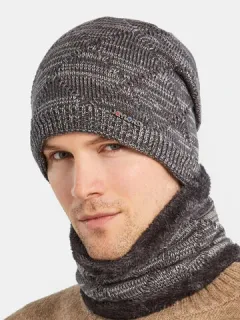 Hombre 2PCS Plus Terciopelo Cuello Bufanda de protección de punto Sombrero Beanie