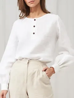 Solid Color Lantern Sleeve Button Down Blouse