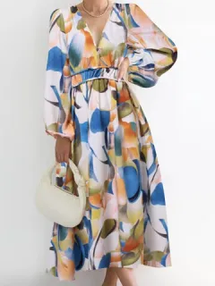 Colorful Abstract Print V Neck Dress