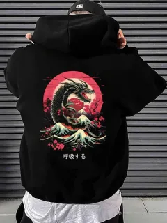 Sudaderas con capucha con estampado de paisaje japonés Dragón