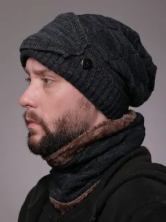 Hombres 2PCS Plus Bufanda de invierno gruesa de terciopelo de punto Sombrero Beanie