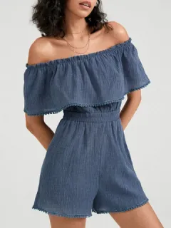 Plain Off Shoulder Ruffle Romper