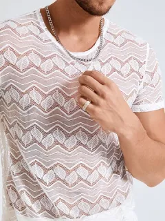 Hombres Lace Crew Cuello Camiseta de manga corta