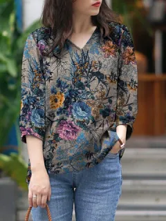 Floral Print V-neck Cotton Blouse