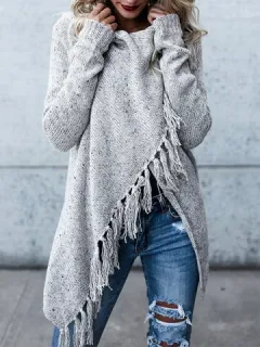 Tassel Trim Irregular Hem Sweater