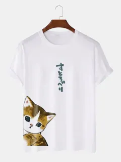 Camisetas de algodón con estampado japonés Gato