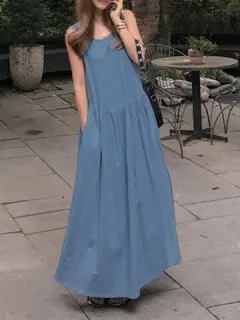 Solid Denim Sleeveless Maxi Dress