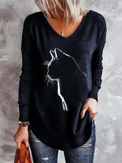 Camiseta casual con cuello en V y estampado de gato