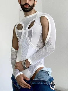 Conjunto de body de manga larga con chalecos huecos de malla para hombre