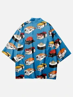 Kimono con estampado de sushi de animales de dibujos animados