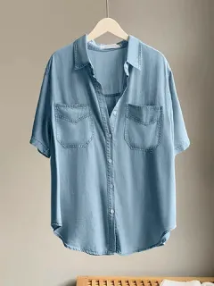 Denim suelto con bolsillo liso Camisa