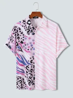 Mens Leopard & Zebra Print Patchwork Short Sleeve Shirts