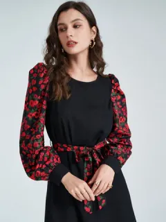 Floral Patrón Manga larga Cinturón Vestido