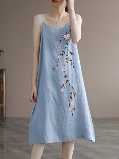 Cotton Spaghetti with Floral Embroidery Dress