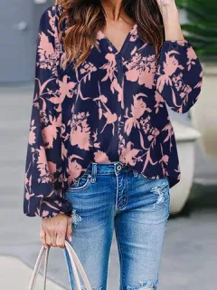 Blusa con cuello en V y estampado Allover Planta