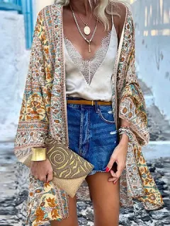 Kimono suelto con estampado floral bohemio