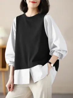 Blusa casual de manga larga en contraste