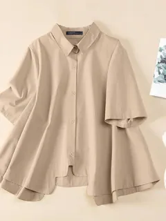 Solid Lapel Irregular Hem Shirt