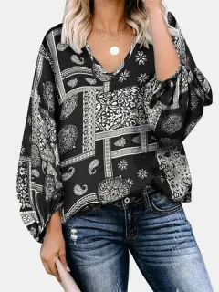 Blusa con cuello en V y estampado étnico bohemio