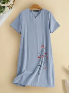 Floral Embroidery V Neck Cotton Dress