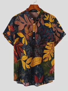 Vintage Planta Estampado Algodón Henley Camisa