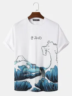 Camiseta Ukiyoe blanca con estampado de dibujos animados