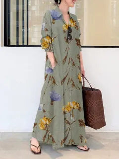 Bolsillo maxi con estampado de plantas Camisa Vestido