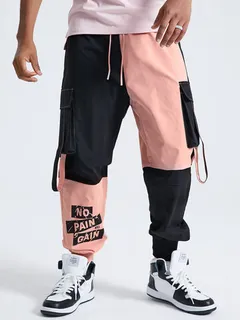 Mens Color Block Patchwork Slogan Print Street Cargo Pants