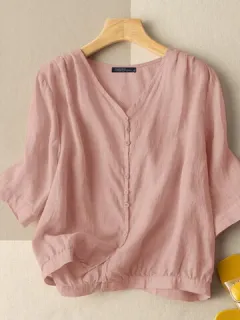 Blusa de manga 3/4 con cuello en V sólido