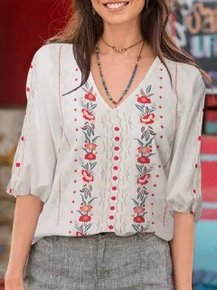 Blusa con cuello en V y estampado floral bohemio