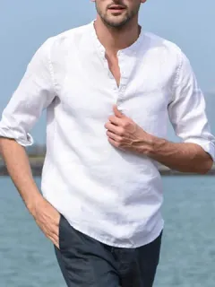 Camisas henley de manga 3/4 con cuello alzado para hombre