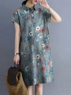 Flower Print Button Pocket Lapel Dress