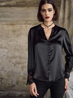 Blusa de manga larga con panel de encaje