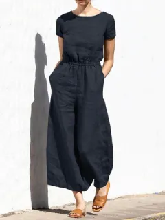 Solid Cotton Wide Leg Jumpsuit