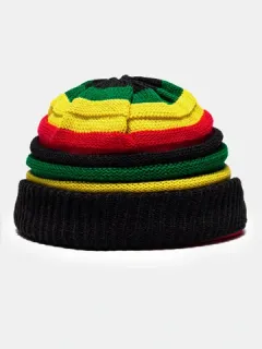 Unisex Knitted Colorful Horizontal Stripes Pleated Fashion Warmth Brimless Beanie Hat