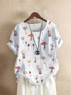 Camiseta holgada con cuello redondo y estampado de setas