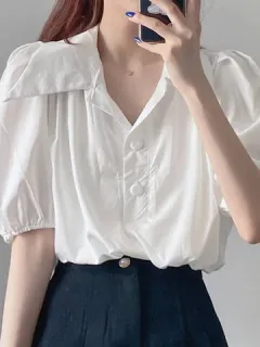 Solid Lapel Puff Sleeve Blouse