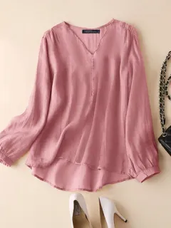 Plain V Neck Cotton Casual Blouse