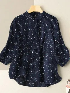 Floral Stand Collar Button Down Blouse