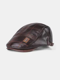 Collrown Men Faux Leather Stripe Patrón Boina Sombrero Plano Sombrero