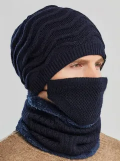 Hombres 2PCS Bordado Plus Terciopelo Grueso Bufanda de invierno Punto Sombrero Gorro